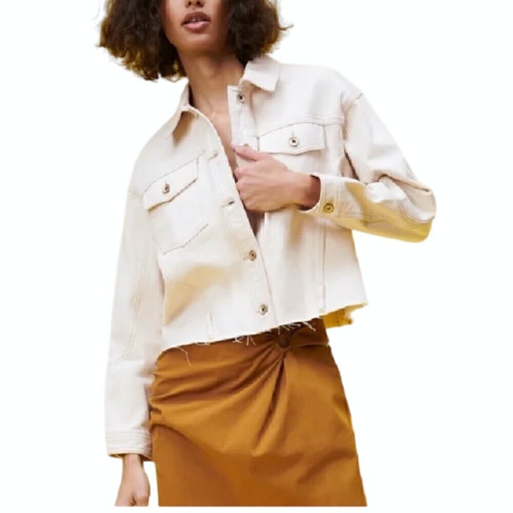 Like‎ New Zara Oversized Cropped Raw Hem Denim Jacket White Size XS